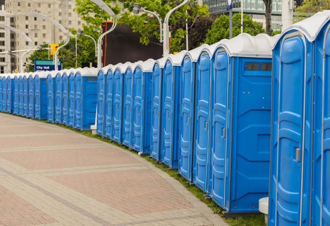 a row of portable restrooms at a trade show, catering to visitors with a professional and comfortable experience in Franklin